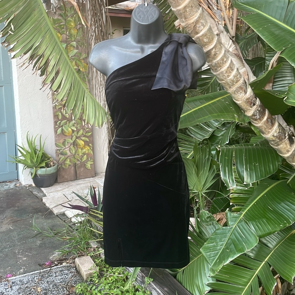 Honey and Rose asymmetric velvet dress with large satin bow shoulder